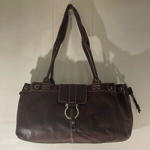 Vin Baker Vintage Chocolate Brown Pebbled w Cream Stitches Silver Metal Bag